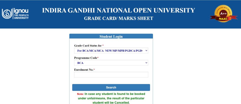 IGNOU Grade Card Portal