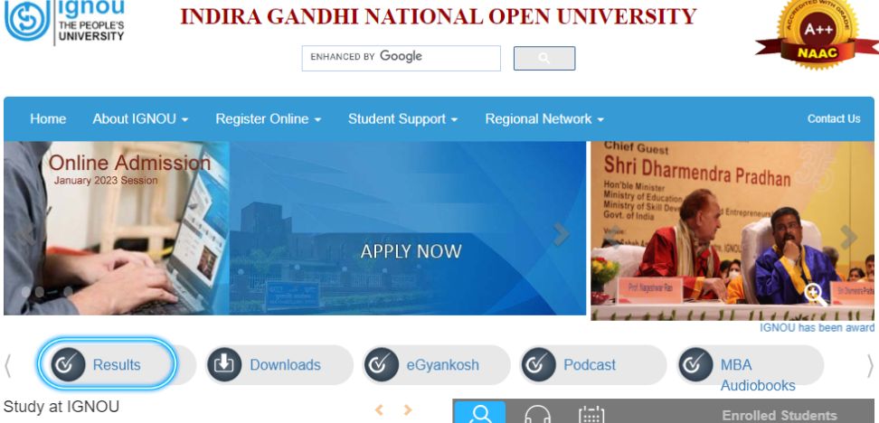 IGNOU official website homepage 2022